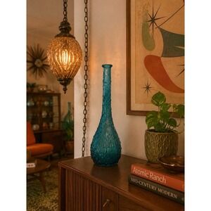 Vintage Empoli Italy Blue / Aqua Drip Wax Glass Genie Bottle Decanter Vase 15.5"